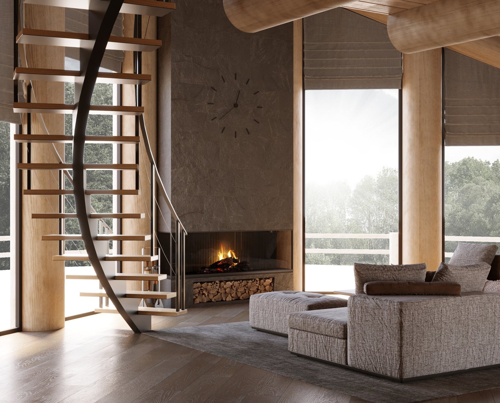 Винтовая лестница у камина: гнутый дубовый косоур, дровница в стене